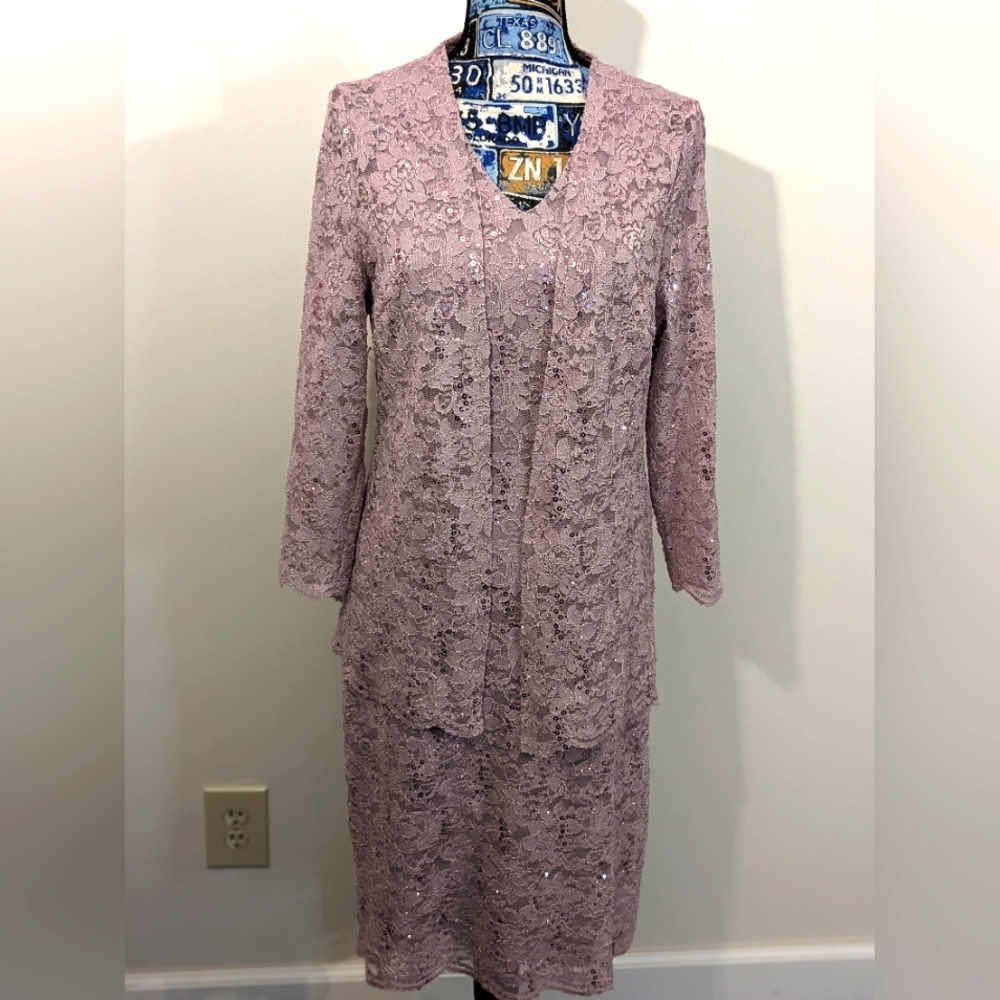 OLEG CASSINI SPARKLY BLUSH PINK EMBROIDERED SEQUIN LACE DRESS & JACKET